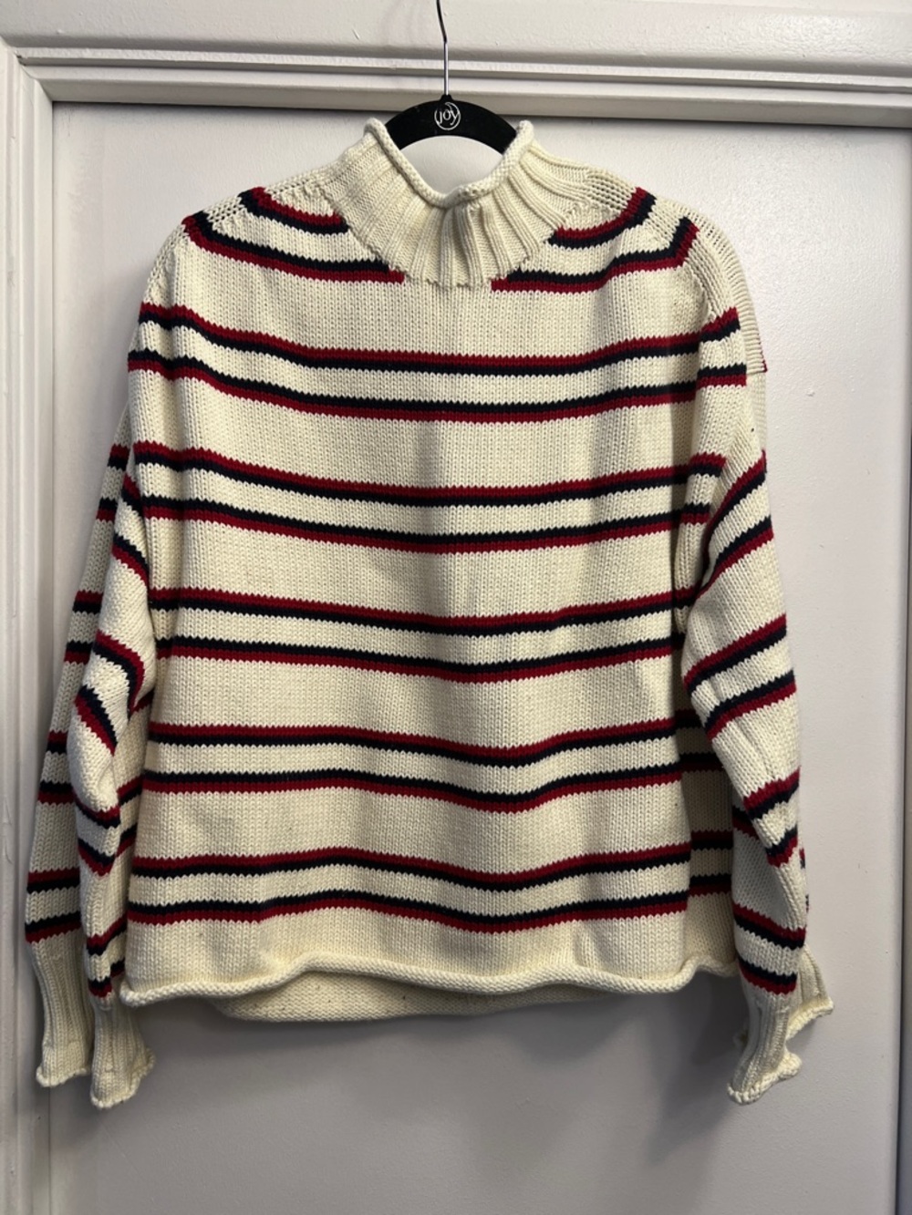 J Crew 2025 Rollneck Sweater Cream/Navy/Red Stripe Size Large